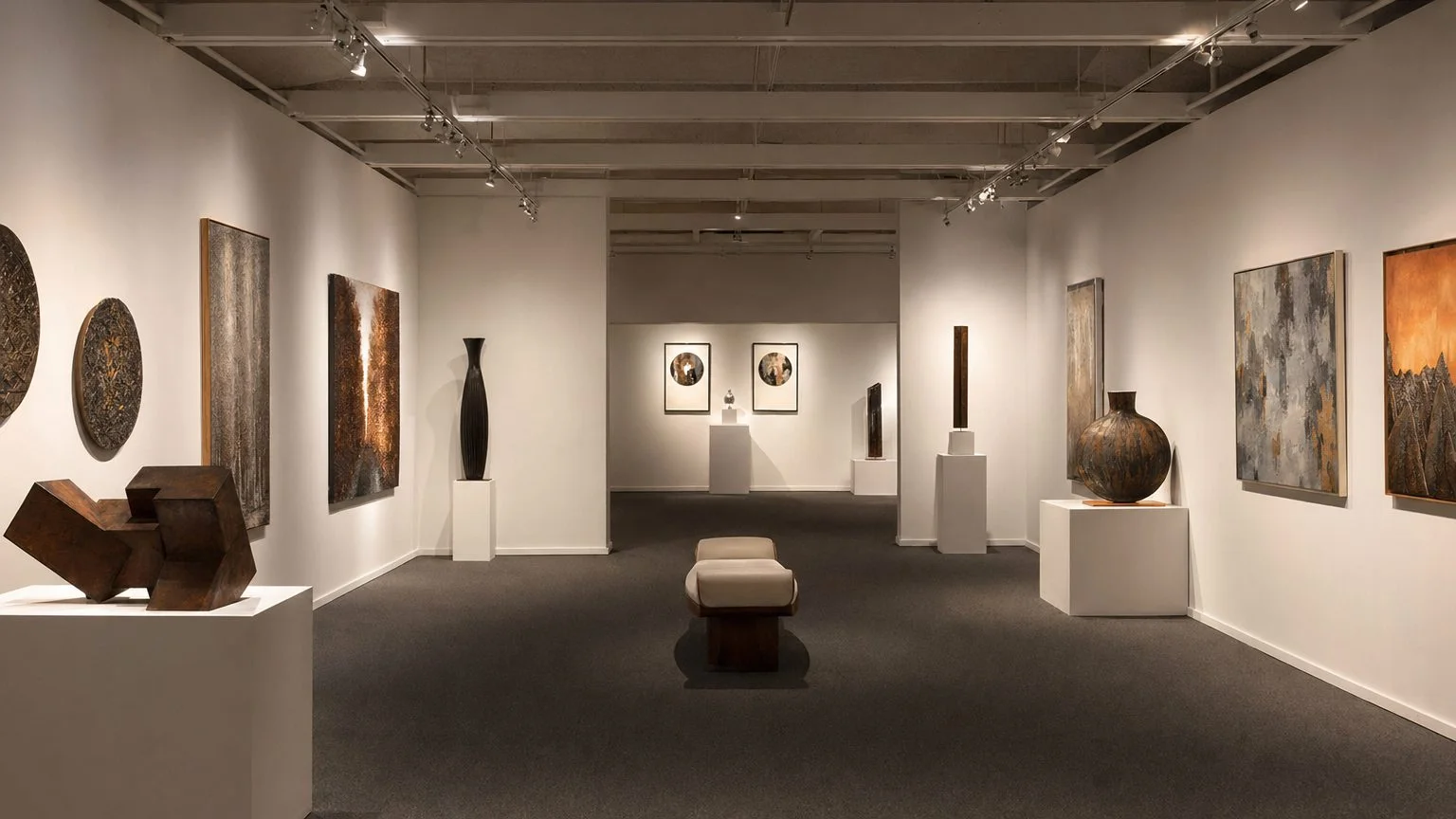 藝術展地毯應用|深灰色展覽地毯襯托展品,營造美術館級展示氛圍